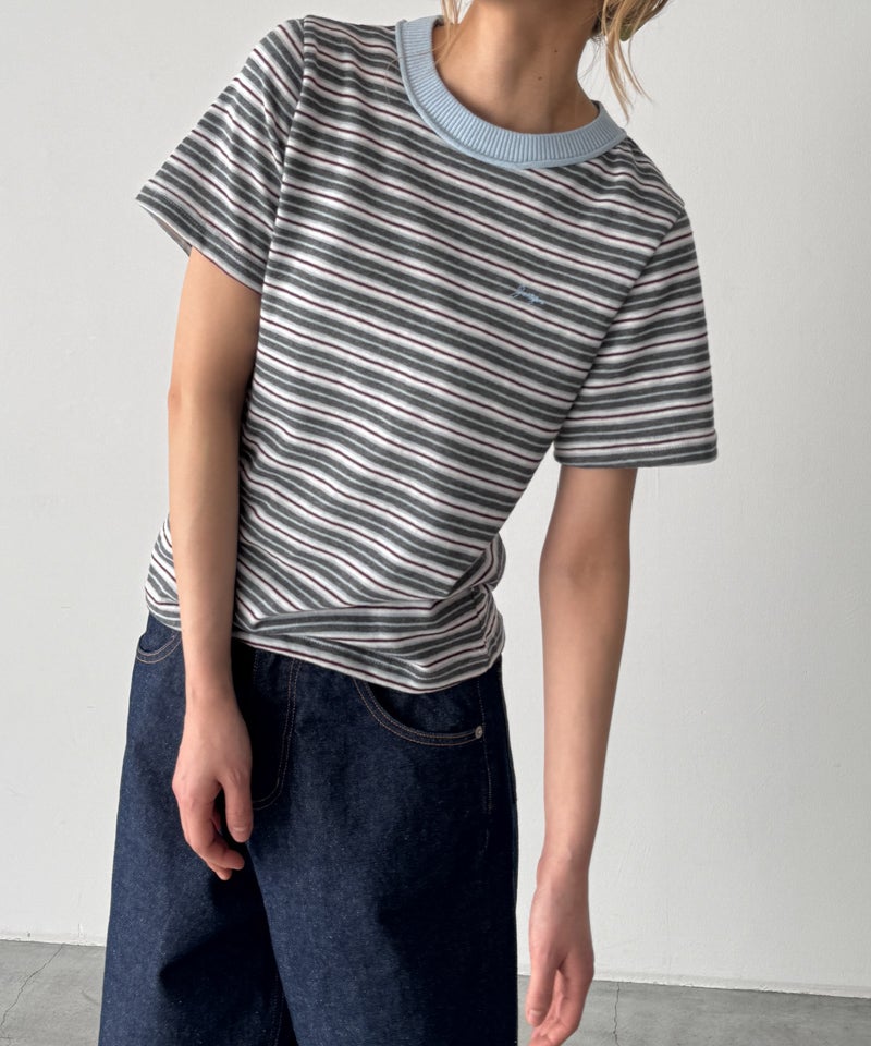 Lakey Park襟リブ胸刺繍ボーダーリンガーTシャツ | CANAL JEAN